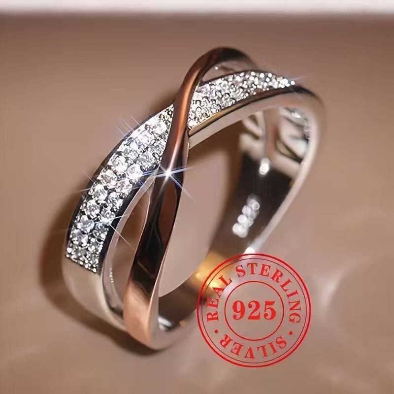 Cross-border Hot Selling Copper Plated White K Inlaid Zircon Simple Personality X-shaped Two-tone Ring