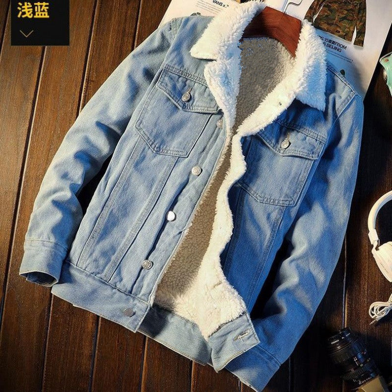 Winter Denim Coat with Fleece Lining for Men Thickened