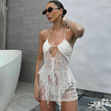 Spring And Summer Seaside Pure Desire Sexy Pure Color Mesh Slip Dress Set Women