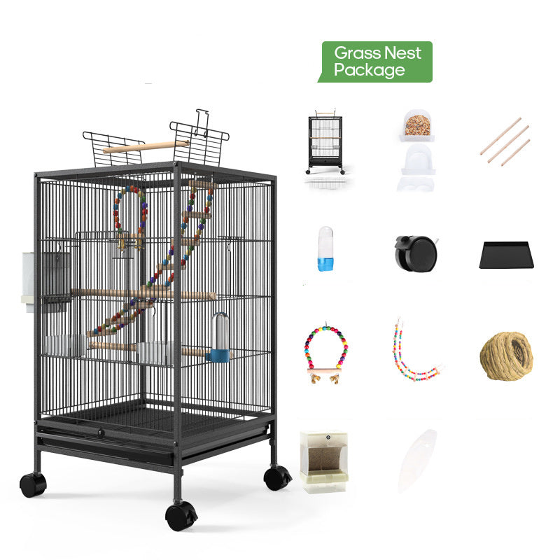 Қафаси паррандаи Parrot Xuanfeng бо Feeder Toy алаф лона чорводорӣ қуттии