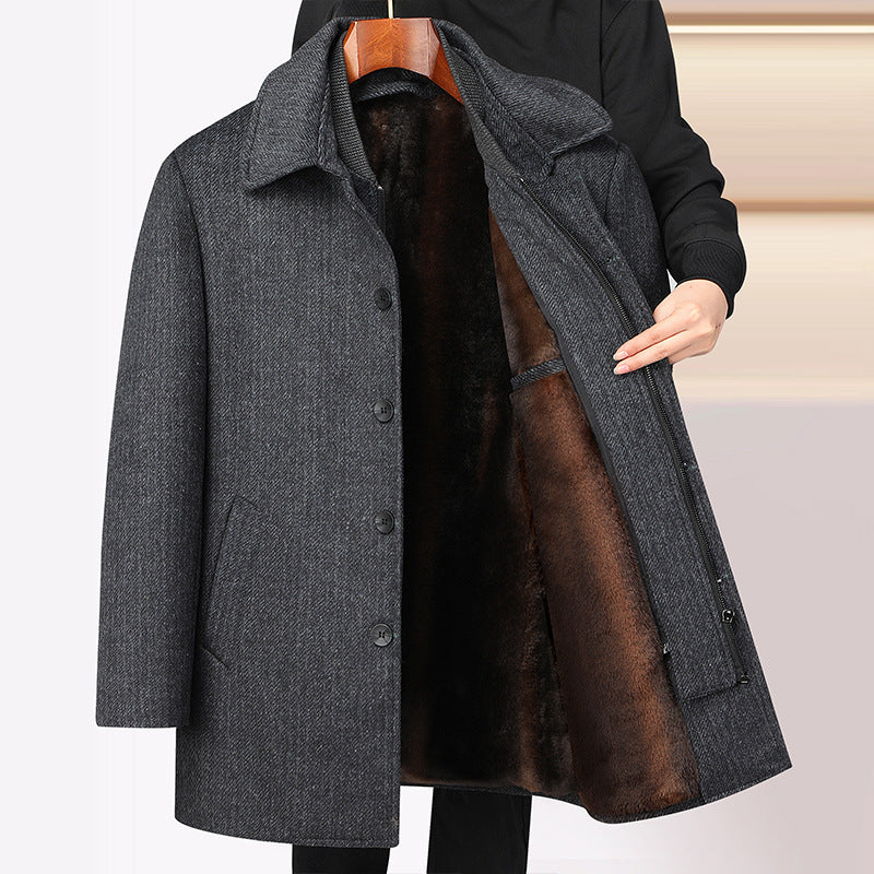 Men's Checked Mid-Length Wool Fleece Coat with Detachable Double Collar
