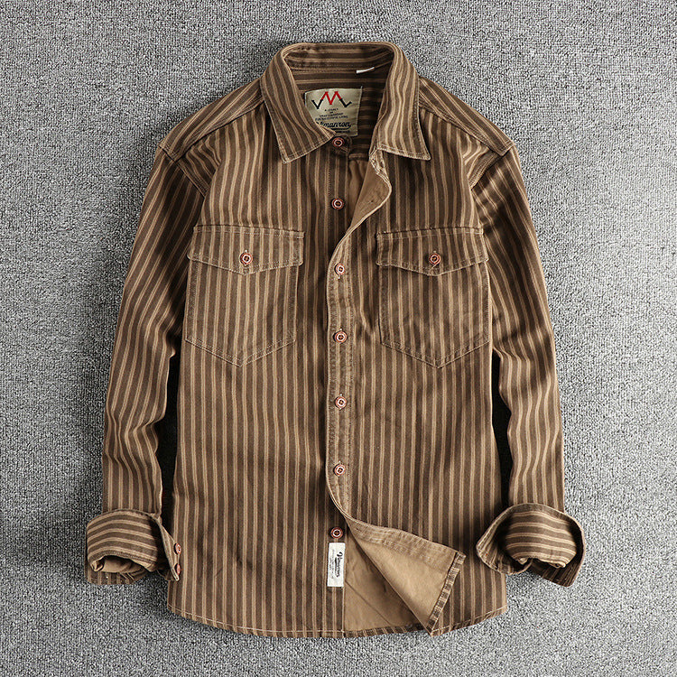 Мужская рубашка с длинными рукавами в стиле ретро American Retro Trend Stripes из хлопчатобумажной ткани, комфортный и повседневный комбинезон