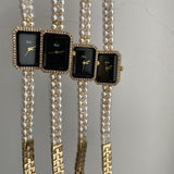 Silver Black Square Pearl Bracelet Diamond Fashion Quartz Watch
