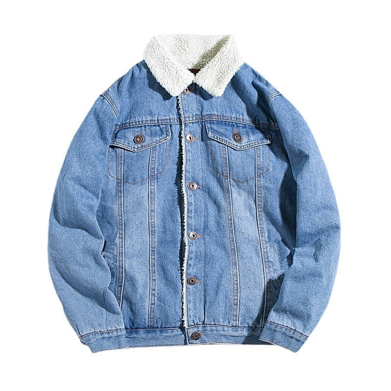 Winter Denim Coat with Fleece Lining for Men Thickened