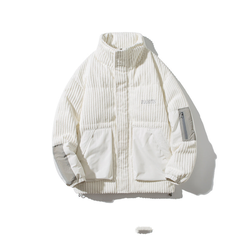 Retro Corduroy Down Jacket with Stand-up Collar, Men's Winter Loose and Warm