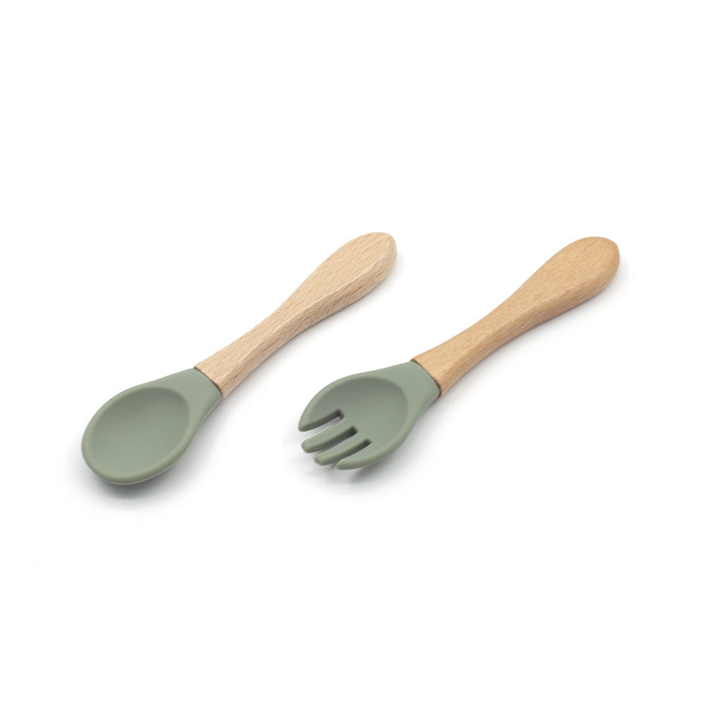Grade Wooden Handle Silicone Spoon Fork Tableware Training Complementary Food Baby Feeding