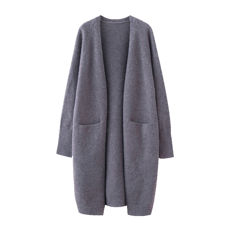 Mid-length Sweater Women's Solid Color V-neck Knitted Jacket