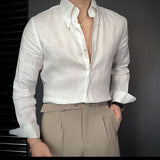 Мужская модная британская рубашка с длинными рукавами из дышащего льна, облегающая универсальная повседневная рубашка