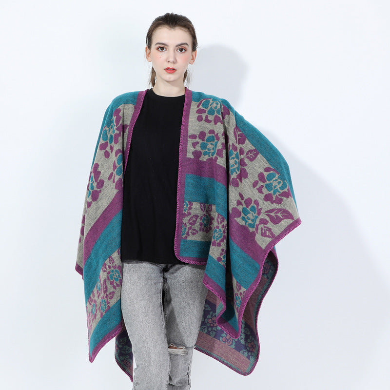 Autumn And Winter Women's Jacquard Split Shawl Flower Cloak