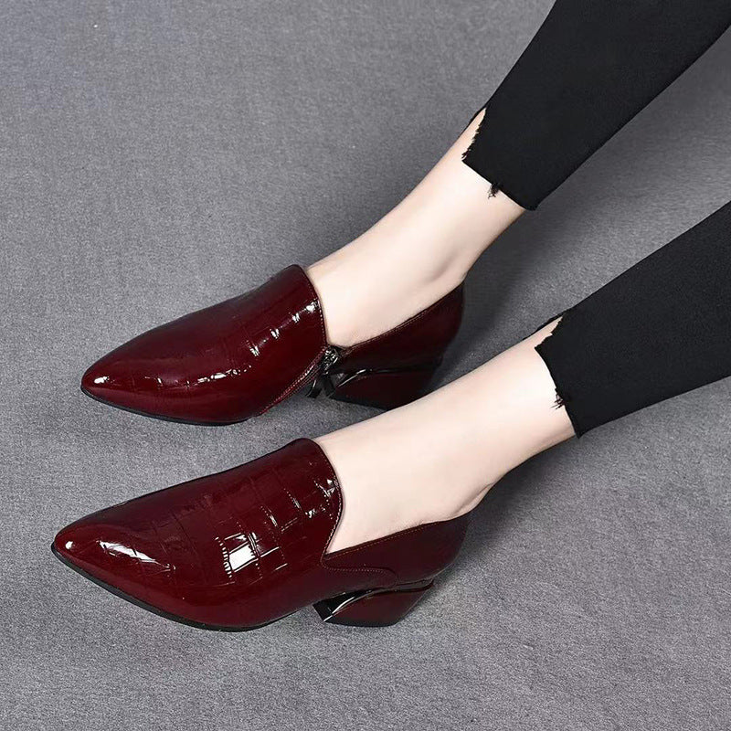 New Genuine Leather Pointed-toe Chunky Heel Shoes Women