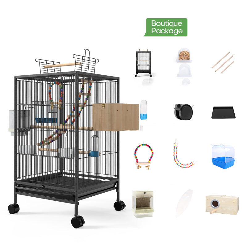 Қафаси паррандаи Parrot Xuanfeng бо Feeder Toy алаф лона чорводорӣ қуттии
