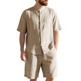 American Linen Suit Men Summer Two Piece Suit With Henry Collar Beach