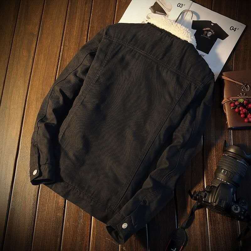 Winter Denim Coat with Fleece Lining for Men Thickened