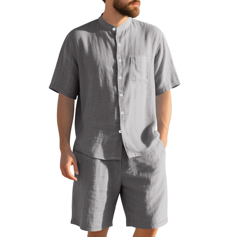 American Linen Suit Men Summer Two Piece Suit With Henry Collar Beach