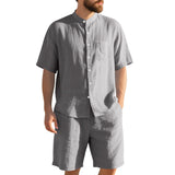 American Linen Suit Men Summer Two Piece Suit With Henry Collar Beach