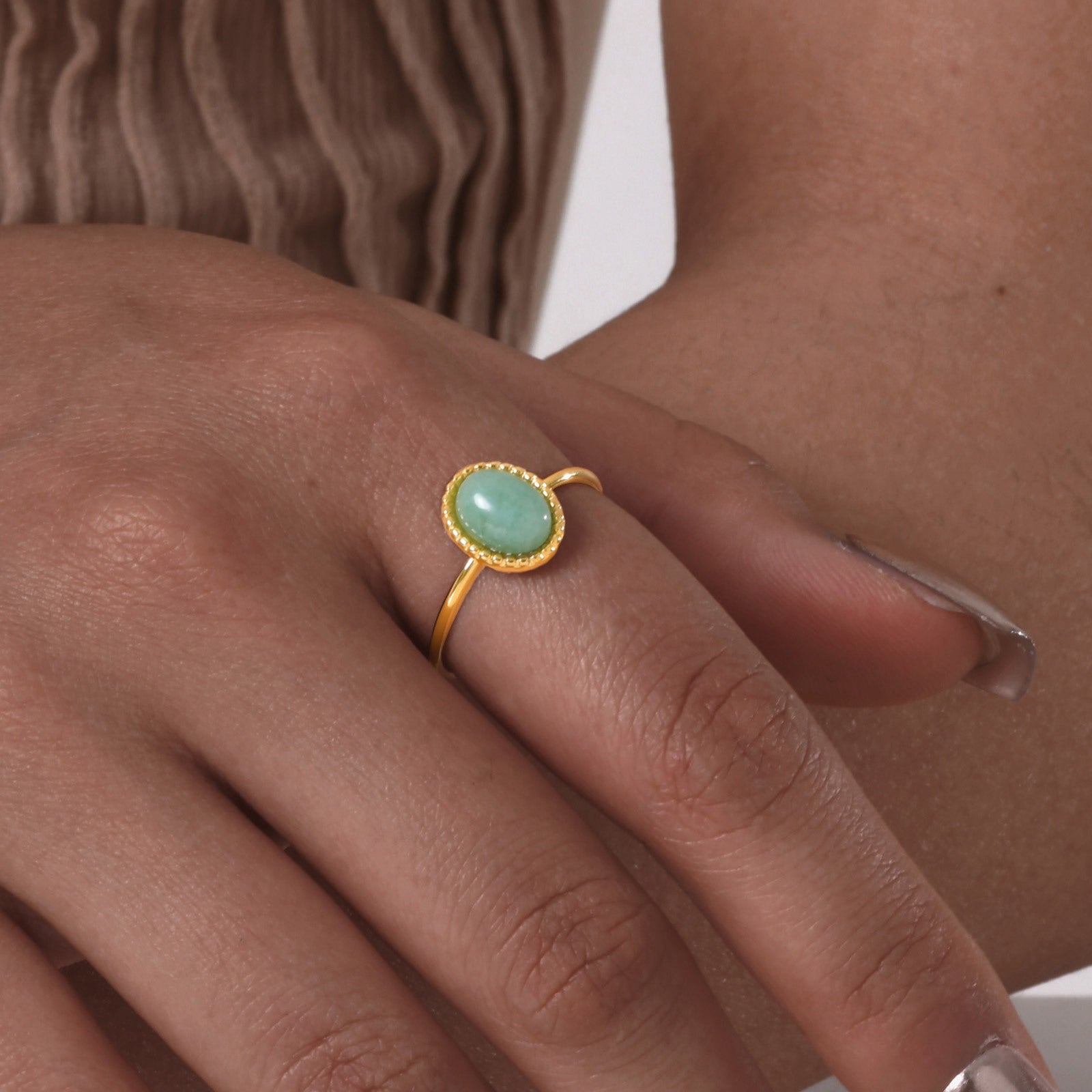Fashion Jewelry Stainless Steel Oval Opal Turquoise Open Gold Ring