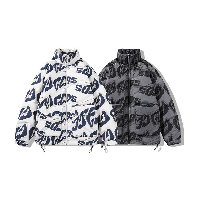 Men's Puffer Jacket with Stand-Up Collar and Full Letters