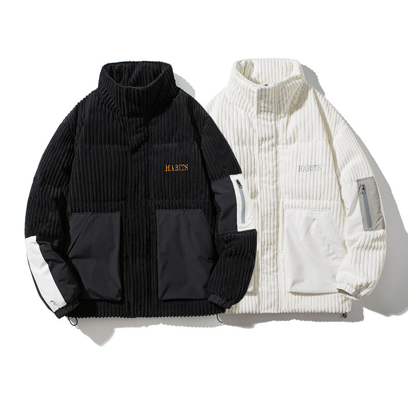 Retro Corduroy Down Jacket with Stand-up Collar, Men's Winter Loose and Warm