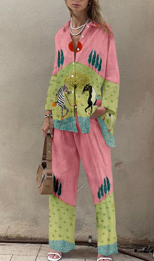 Women's Casual 3D Digital Printing Fashion Shirt And Trousers