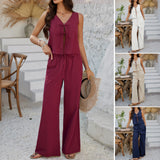 Casual Vacation Style Sleeveless Lace-up Top Wide-leg Pants Suit