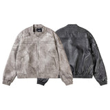 Faux Leather Motorcycle Jacket with Marble Pattern and Stand-Up Collar