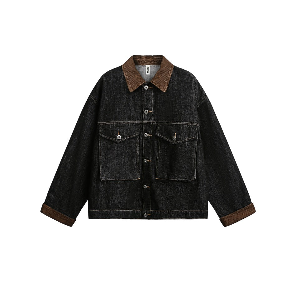 Retro Black Denim Jacket Lapel Loose Workwear Leisure Coat For Men