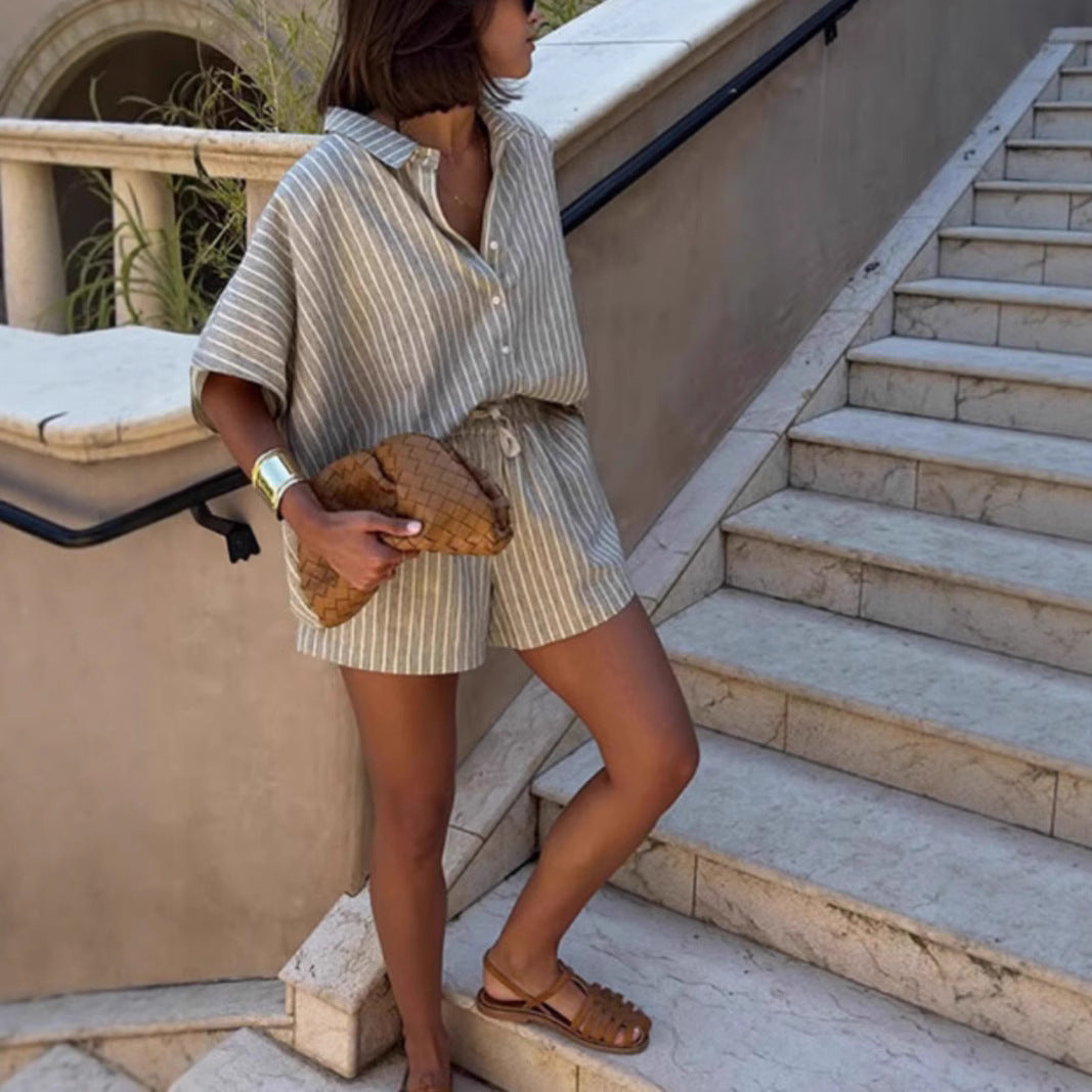 Striped Shirt Pocket Shorts Loose Leisure Suit Women