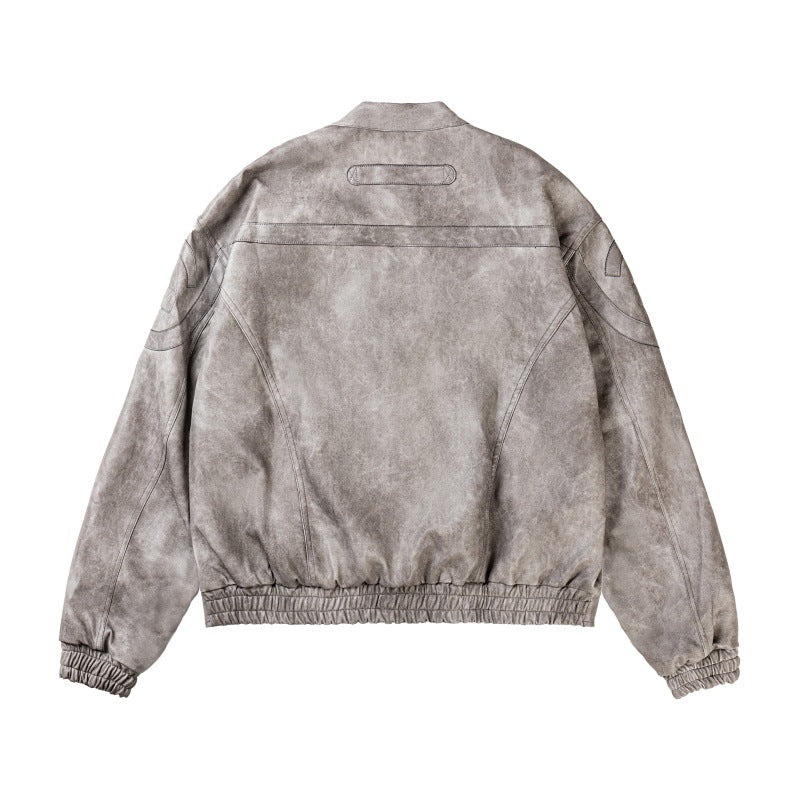 Faux Leather Motorcycle Jacket with Marble Pattern and Stand-Up Collar
