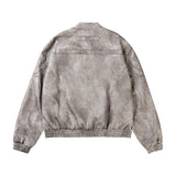 Faux Leather Motorcycle Jacket with Marble Pattern and Stand-Up Collar