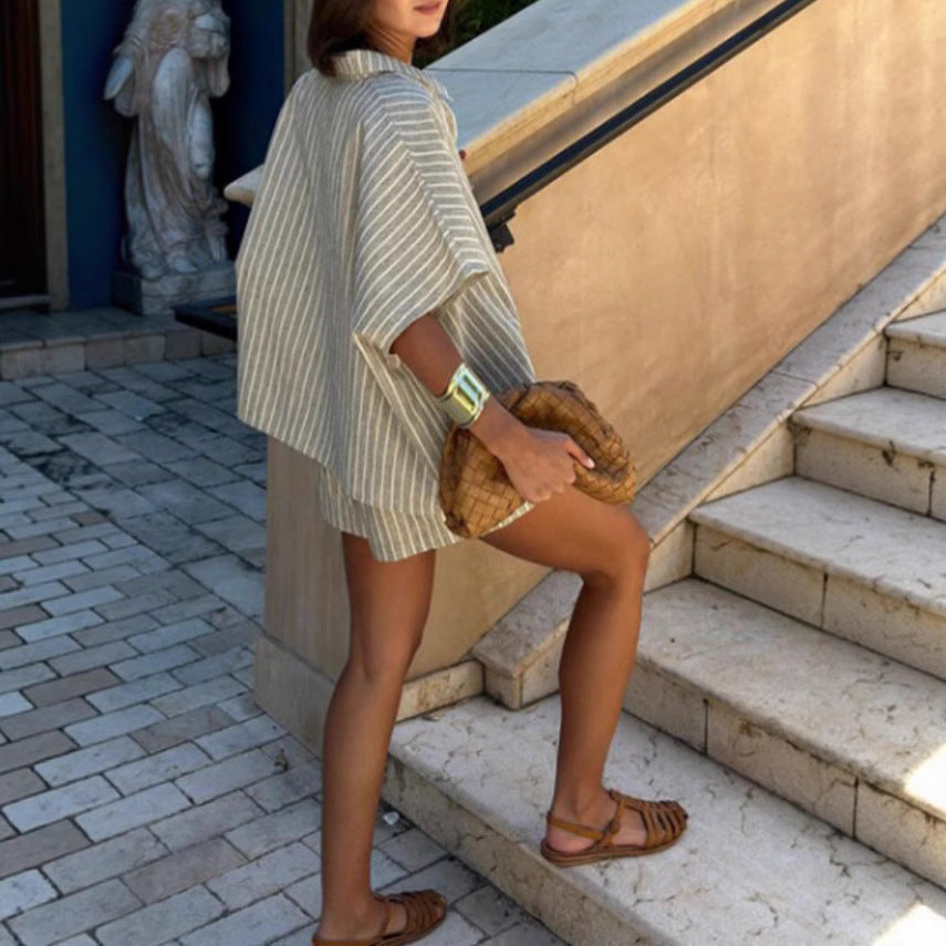 Striped Shirt Pocket Shorts Loose Leisure Suit Women