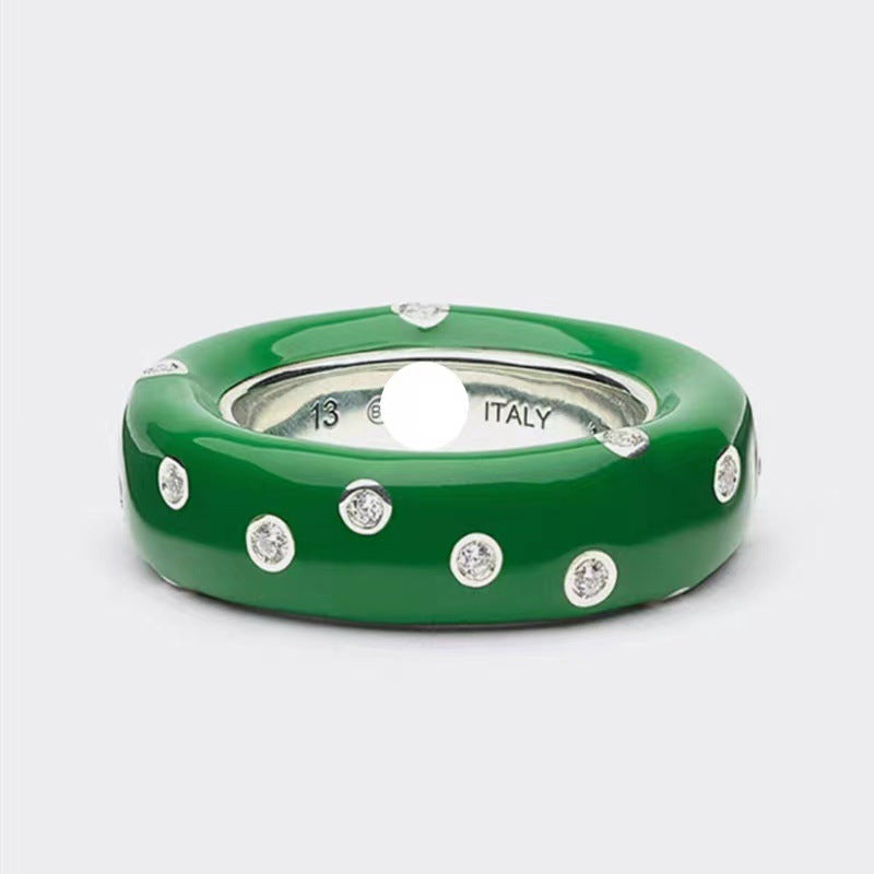 Copper-plated Gold Green Enamel Drip Glazed Inlaid Zirconium Ring