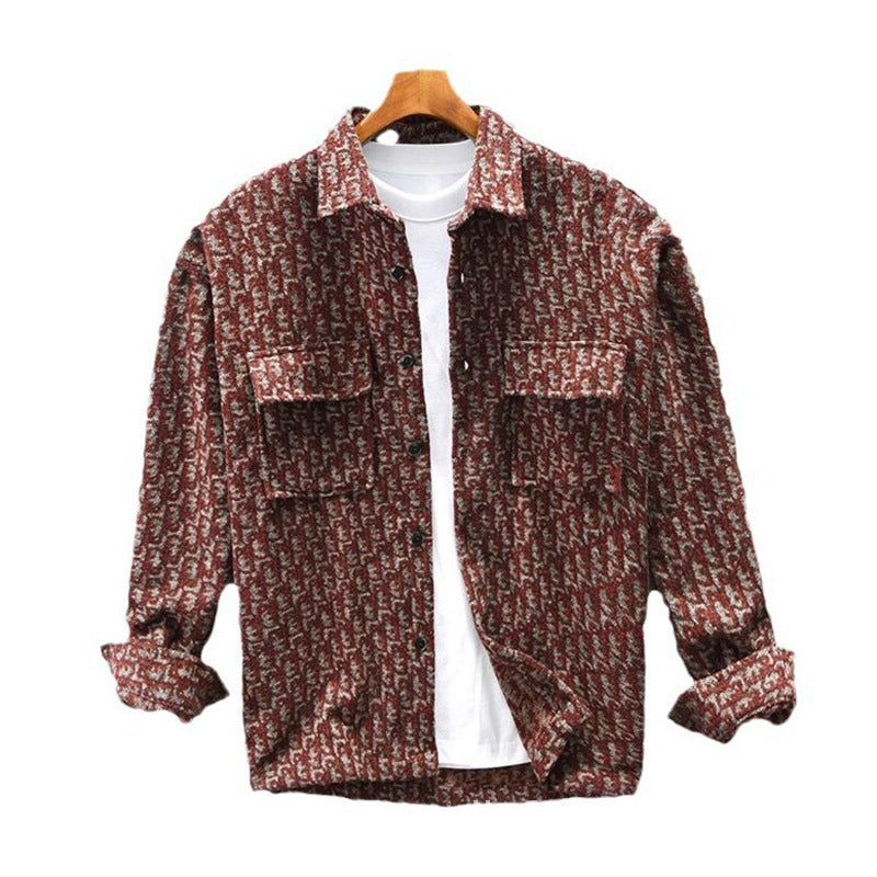 Men's Wide-style Drop-shoulder Woolen Houndstooth Shirt Coat