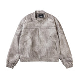 Faux Leather Motorcycle Jacket with Marble Pattern and Stand-Up Collar