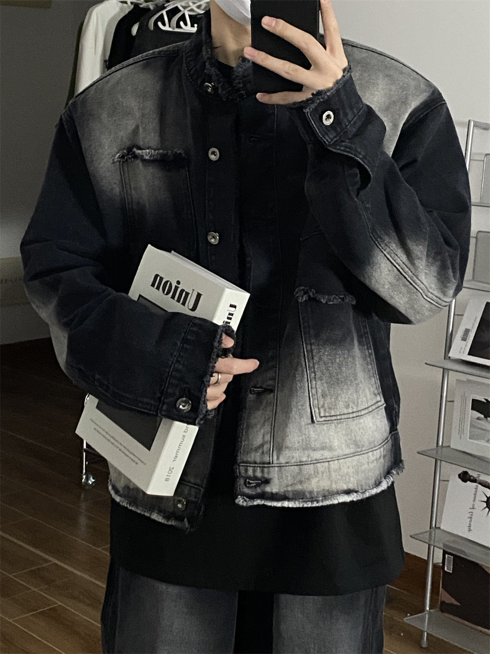 Men's American Style Denim Coat with Retro Gradient Effect