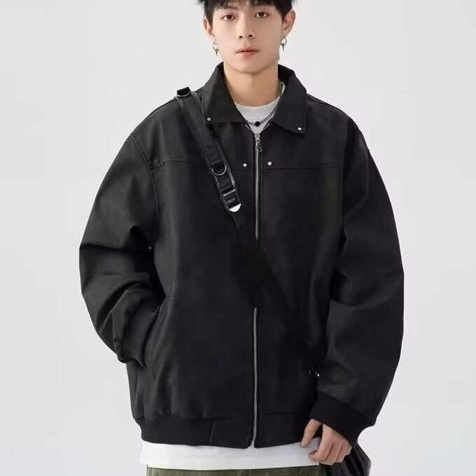 Мужская кожаная повседневная куртка в американском стиле с лацканами в стиле ретро