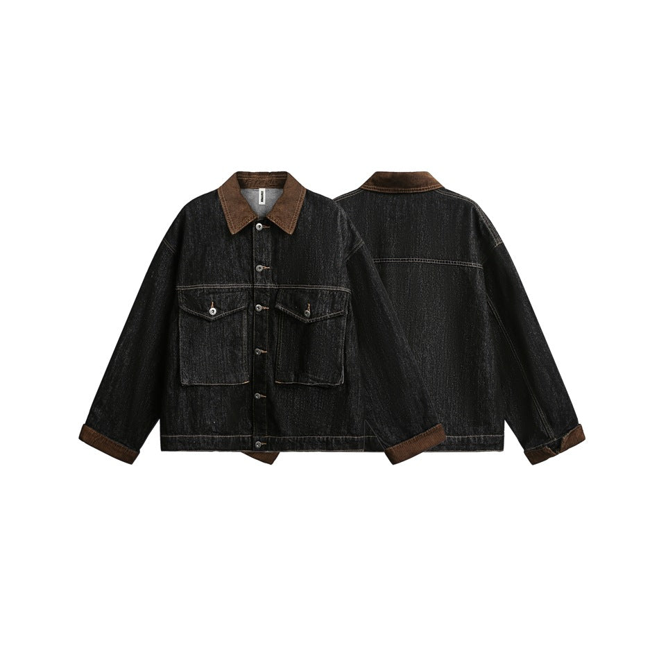 Retro Black Denim Jacket Lapel Loose Workwear Leisure Coat For Men