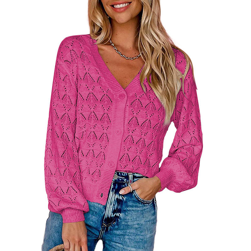 Knitted Shawl Front V-neck Buttons Top