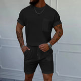 Waffle Round Neck Pocket Short-sleeved Shorts Casual Sports Suit