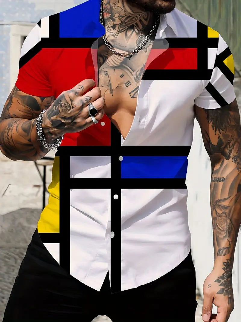 Куртаи остини кӯтоҳи чопии мардонаи нави геометрии хати услубӣ