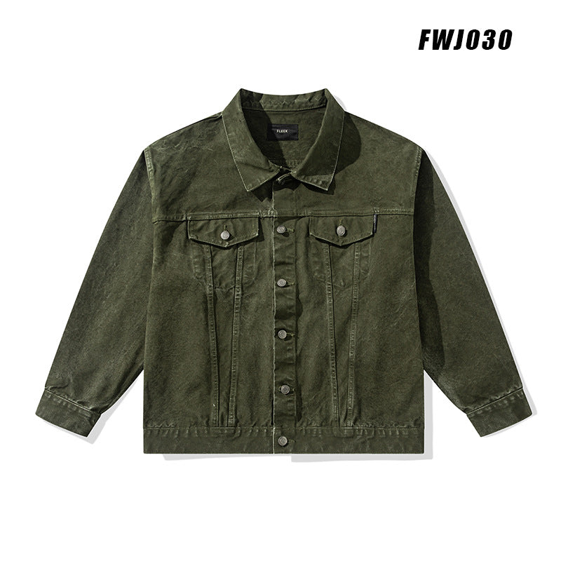 Vulcanized Green Mashed Denim Retro Workwear Pure Cotton Coat For Men
