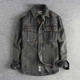 Men's British Retro Black Gray Striped Denim Shirt