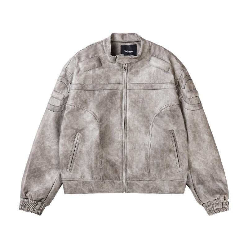 Faux Leather Motorcycle Jacket with Marble Pattern and Stand-Up Collar