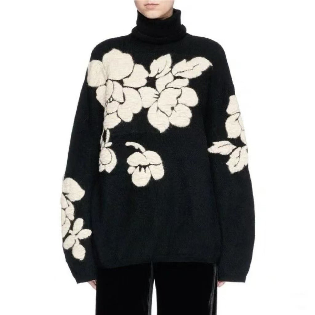 Three-dimensional Flower Jacquard Turtleneck Retro Loose Knitted Sweater