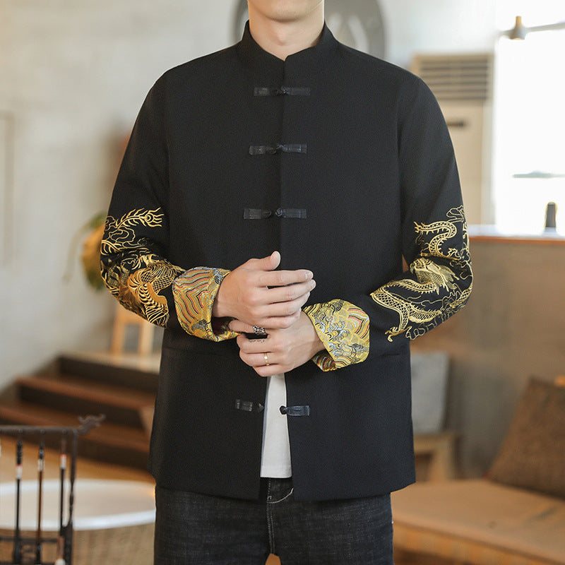 Мужская модная куртка в китайском стиле с воротником-стойкой, пряжкой, манжетой, вышивкой в виде дракона и феникса