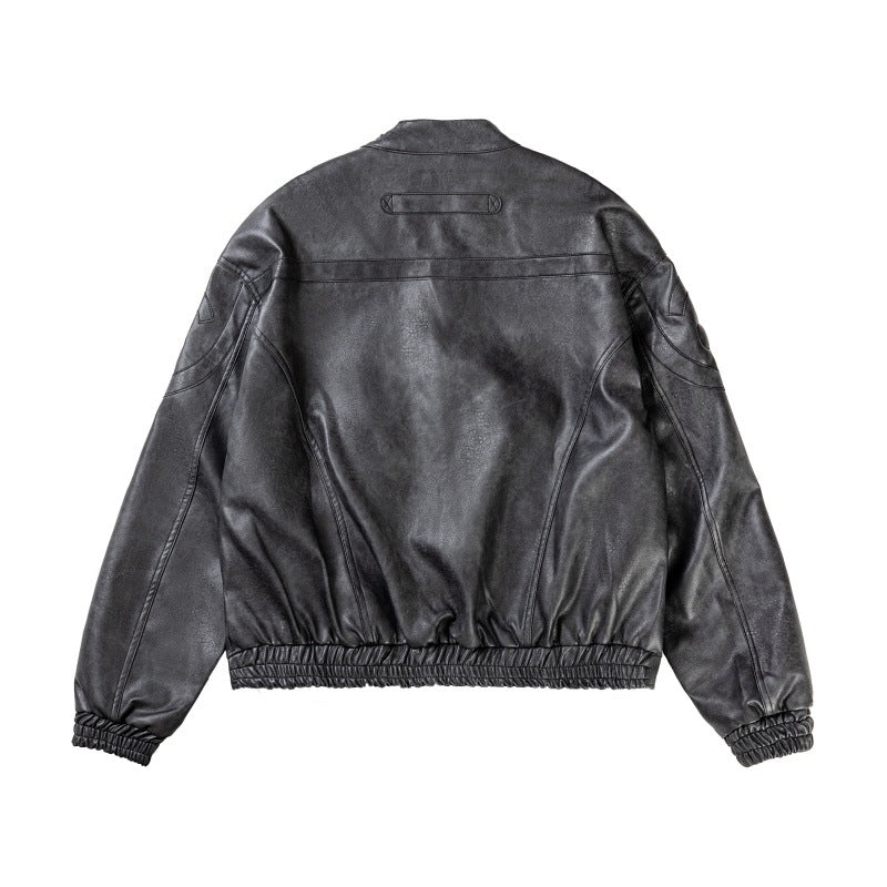 Faux Leather Motorcycle Jacket with Marble Pattern and Stand-Up Collar