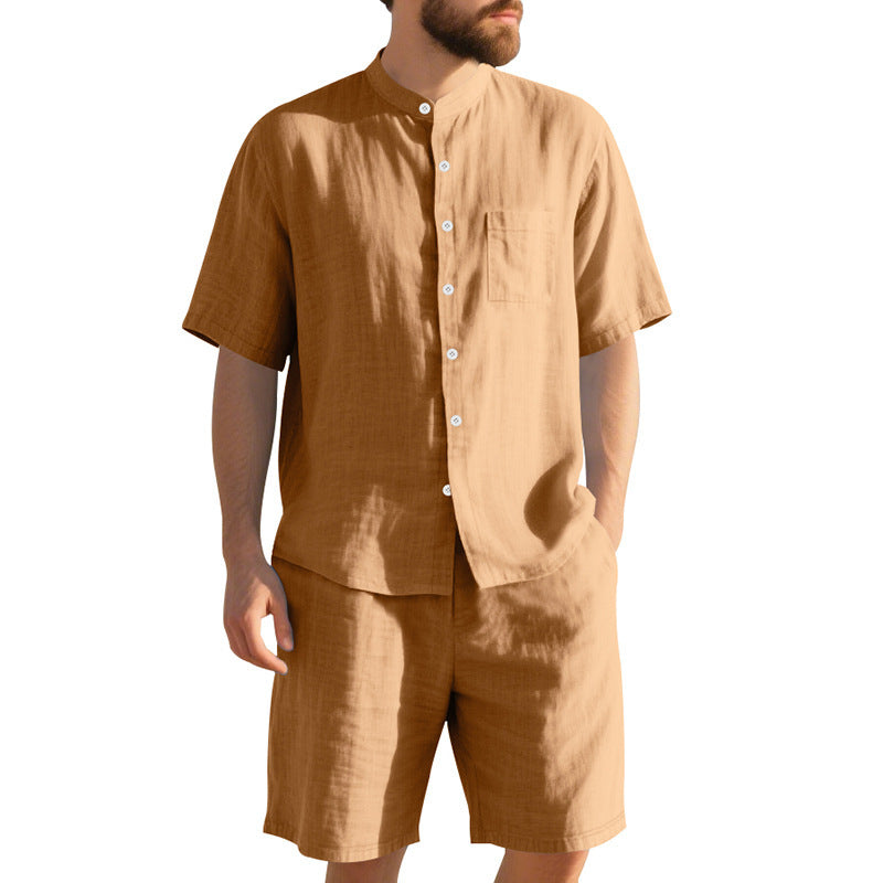 American Linen Suit Men Summer Two Piece Suit With Henry Collar Beach