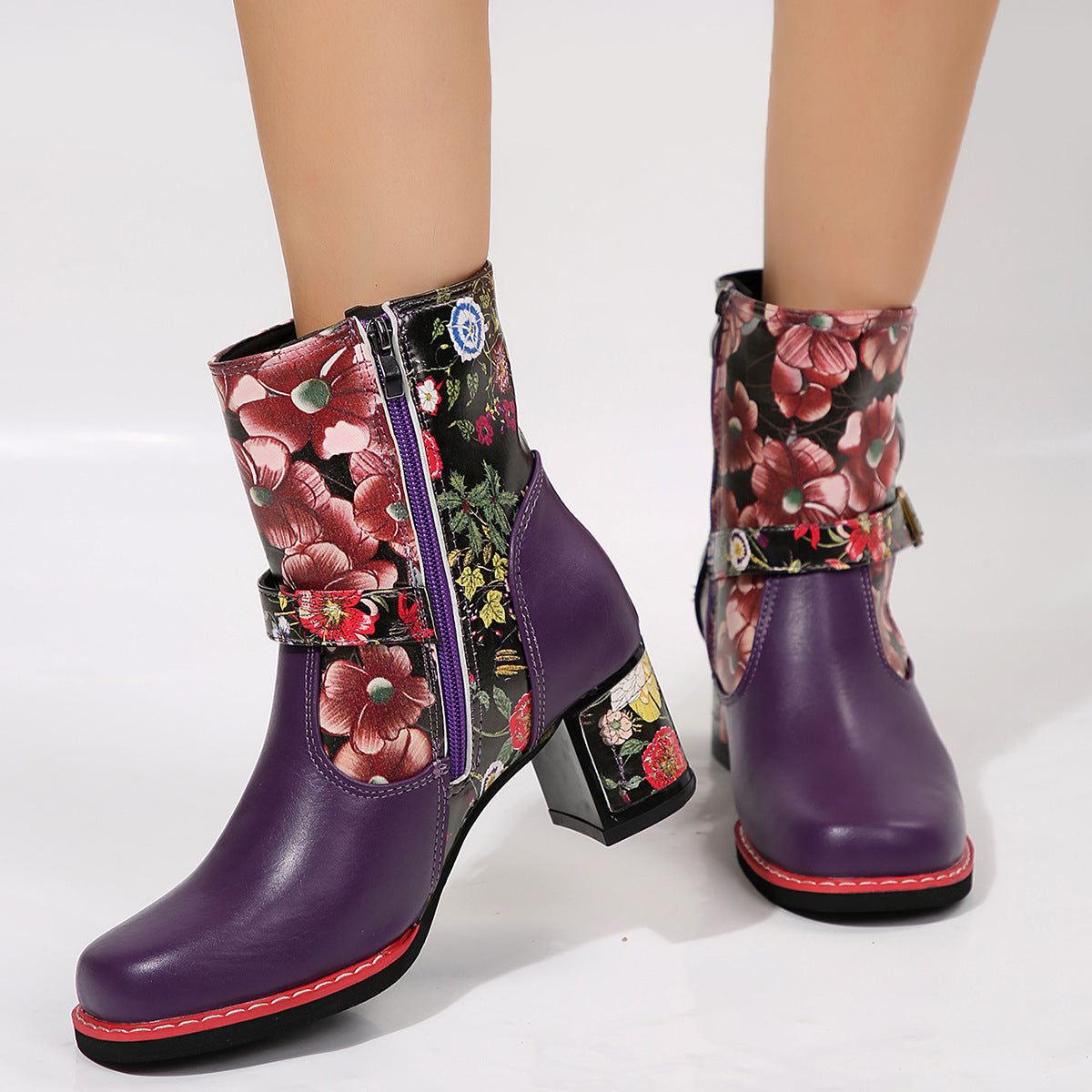 Women's Printed Stitching Round Head Thick Bottom Bootie