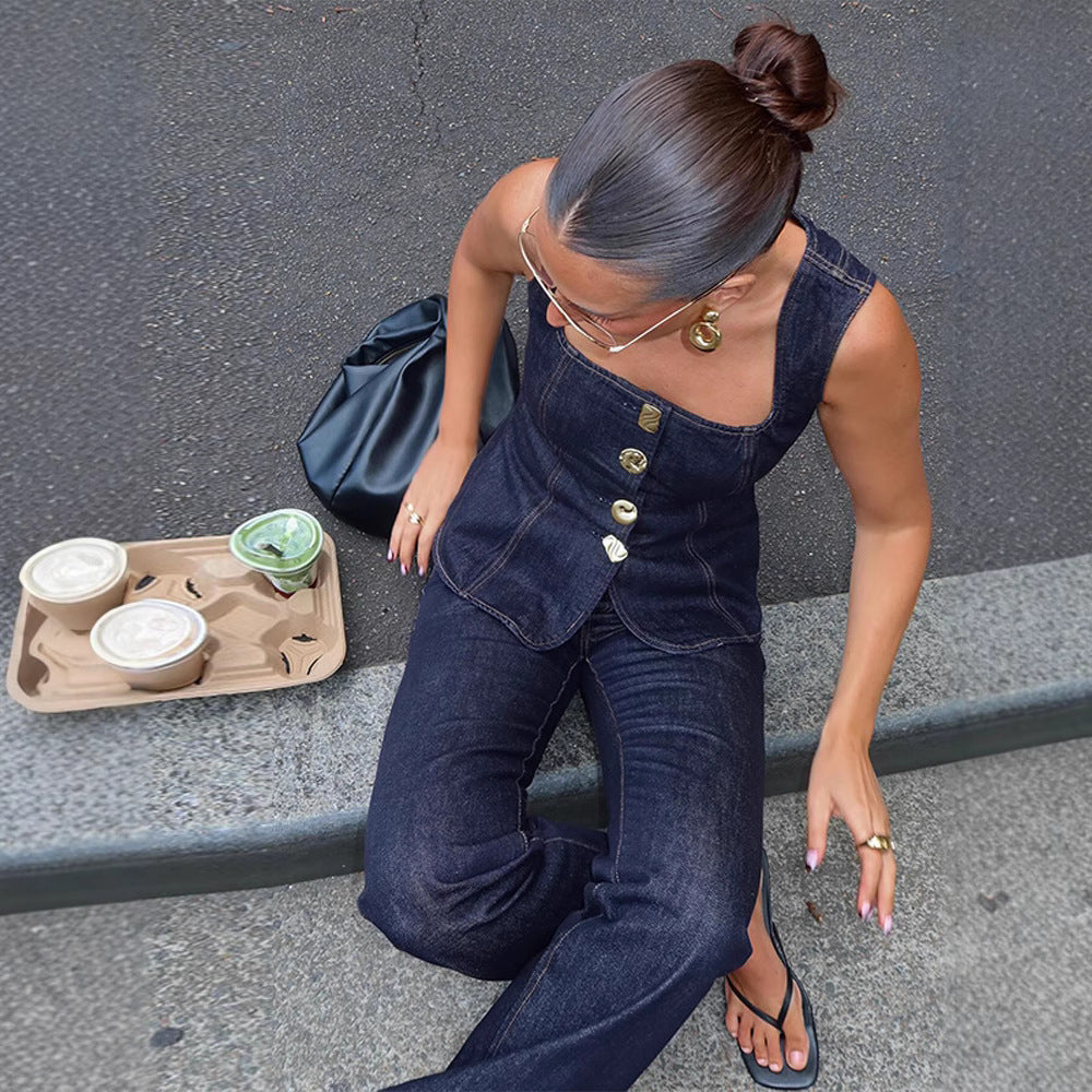 Women's Fashion Casual Single-breasted Denim Vest Pants