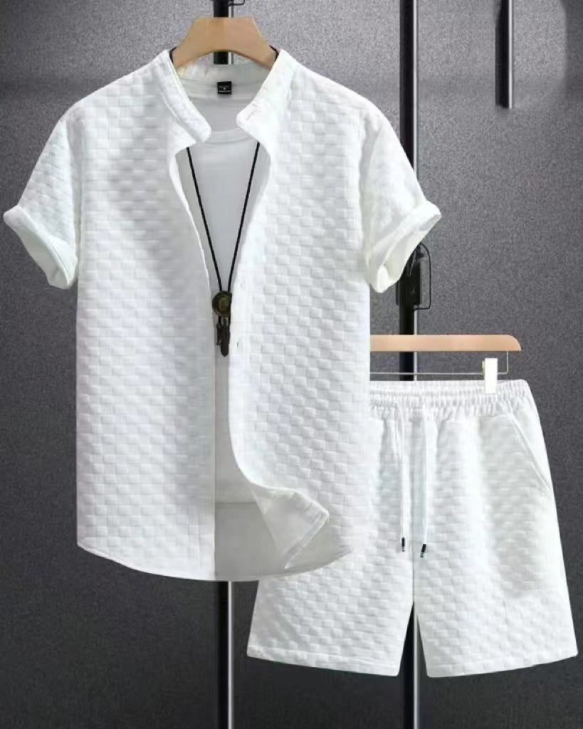 Black and white jacquard suit with short sleeves