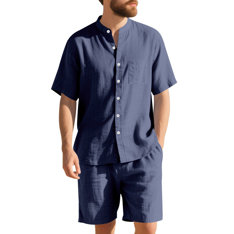 American Linen Suit Men Summer Two Piece Suit With Henry Collar Beach